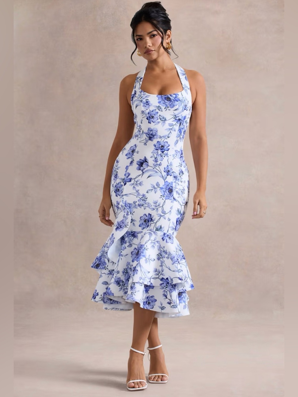 CLUB L LONDON Arla Blue Floral Halter-Neck Ruffle Trim Midaxi Dress, Sz 12